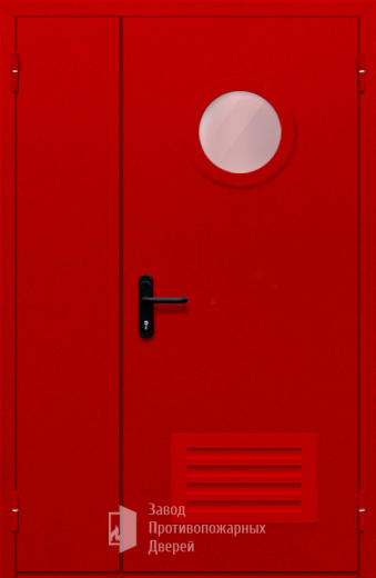 Фото двери «Полуторная с круглым стеклом и решеткой (красная)» в Электроуглям
