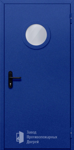 Фото двери «Однопольная с круглым стеклом (синяя)» в Электроуглям